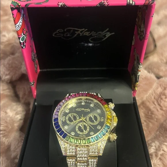 Ed Hardy Gold-Tone Rainbow Crystal Chronograph Watch - Picture 2 of 6